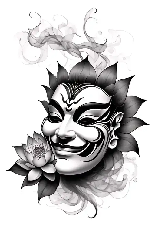 Hannya Mask With Lotus Flower And Smokey Background