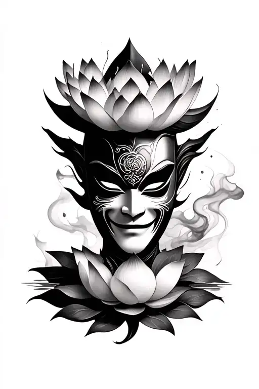Japanese Hannya Mask With Lotus Flower And Smokey Background