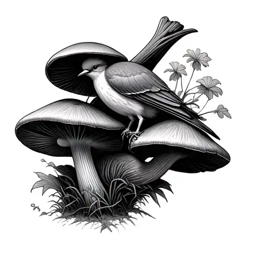 Mushroom Network Growing With Bird On Cap