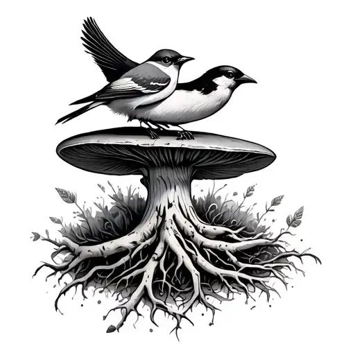 Mushroom Root System With A Bird Pirched On Top Of The Mushroom