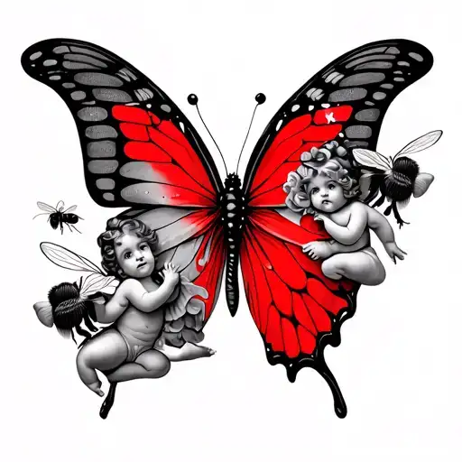 Black And Red Butterfly Leg Sleeve With Cherubs And Bumble Bees And Shading