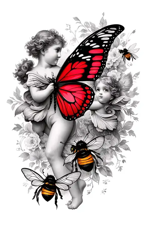Black And Red Butterfly Leg Sleeve With Cherubs And Bumble Bees And Shading