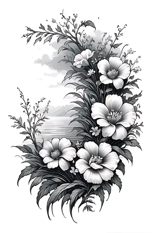 Long River Flowing With Different Flowers Intertwined Along The Bank