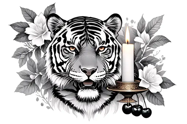 Candle Burning And A Tiger And Floral Background And Cherries