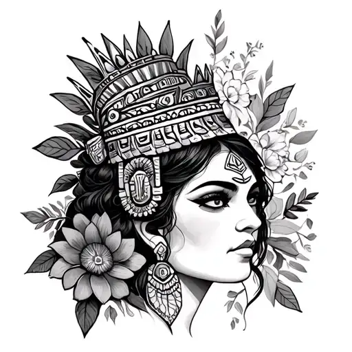 Aztec Princess With Crown And Flowers