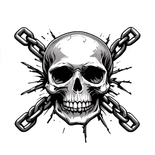 Black And White Skull With Chain Around Head Cracking Skull