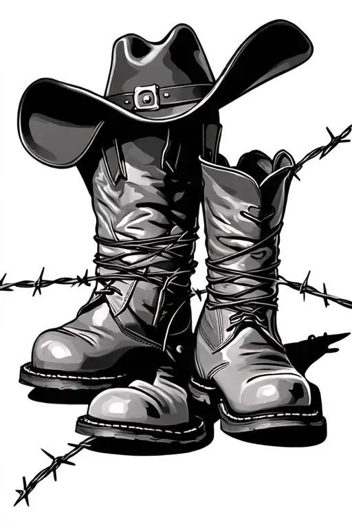Boots And Cowboy Hat And Barbed Wire Wrapped