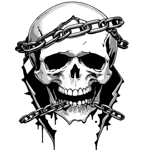 Black And White Skull With Chain Wrapped Around Head Cracking Skull Open
