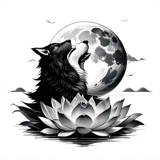 Lotus Flower With Wolf Howling At The Moon