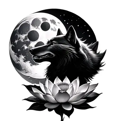 Lotus Flower With Wolf Howling At The Moon Phases