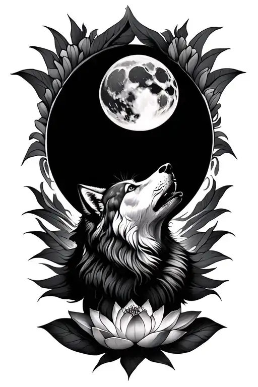 Lotus Flower With Wolf Howling At The Moon