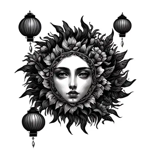 Tangled Sun Symbol With Flowers Growing And Lanterns Floating