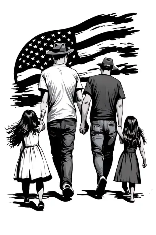 Father Walking With His Two Daughters Holding Hands With A Veteran Feel