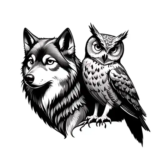 Wolf And Owl Perched On Top