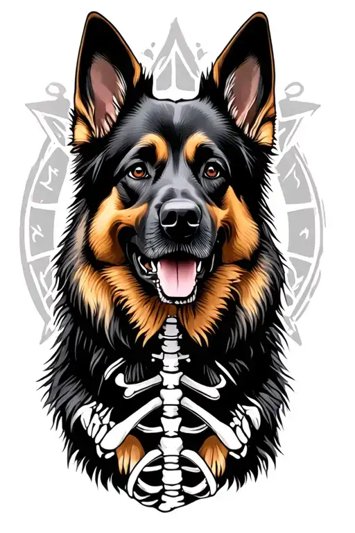 German Shepherd Fullbody Silhouette Formed With Skeleton Inside Standing