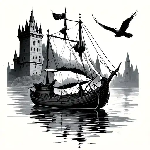 A Medieval Boat Like A Sloop On Water With A Castle In The Background And Birds Above
