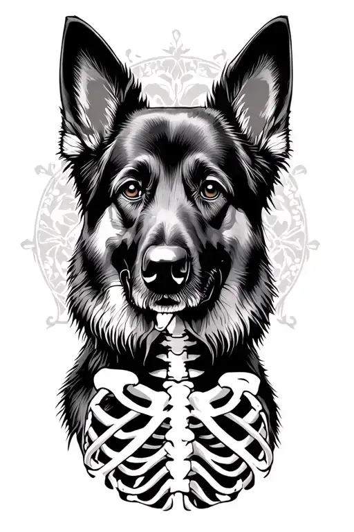 German Shepherd Fullbody Silhouette With Skeleton Inside Black And White