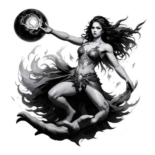 Please Show Me A Personification Of Gaia In Battle Using A Powerball With One Hand