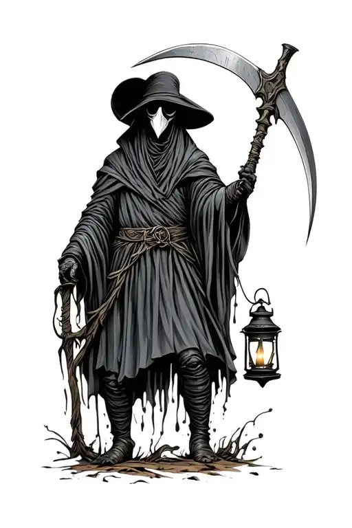 Full Body Plague Doctor Tattoo With A Scythe And A Lantern