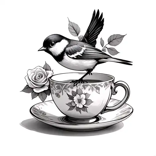 Chickadee Landing On A Cup Of Tea With A Rose On The Saucer