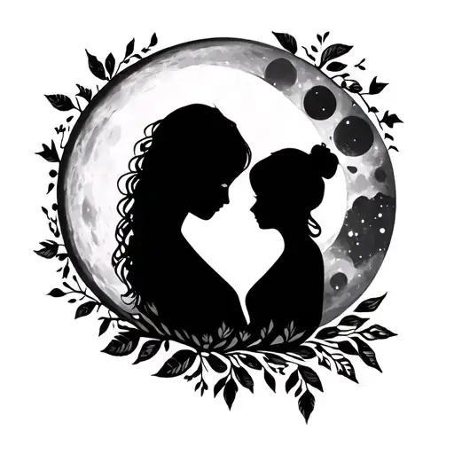 Moon Shining With Mother And Daughter Silhouette Surrounded