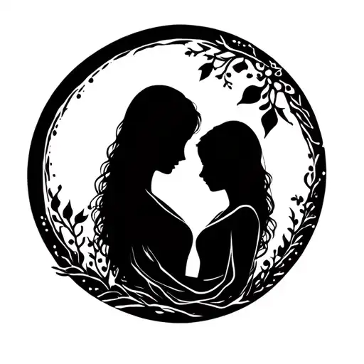 Moon Shining With Mother And Daughter Silhouette Surrounded