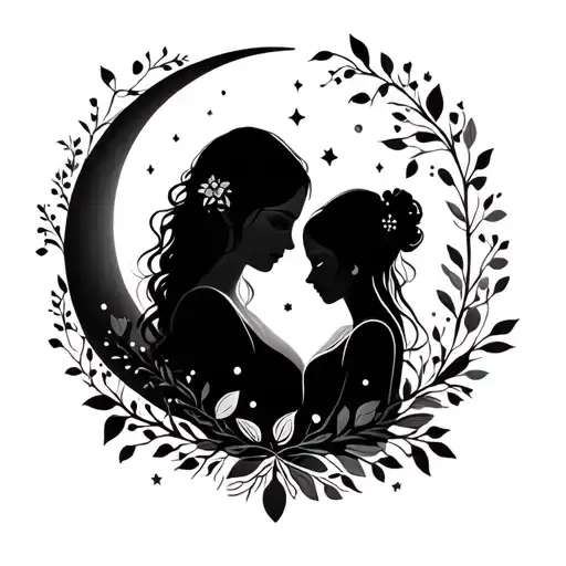 Moon Shining With Mother And Daughter Silhouette Intertwined