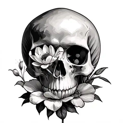 Skull With Water Lilly And Poppy Flower