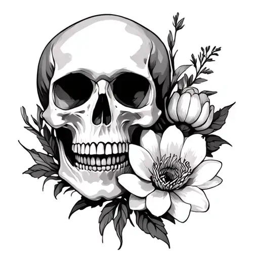 Skull With Water Lilly And Poppy Flower