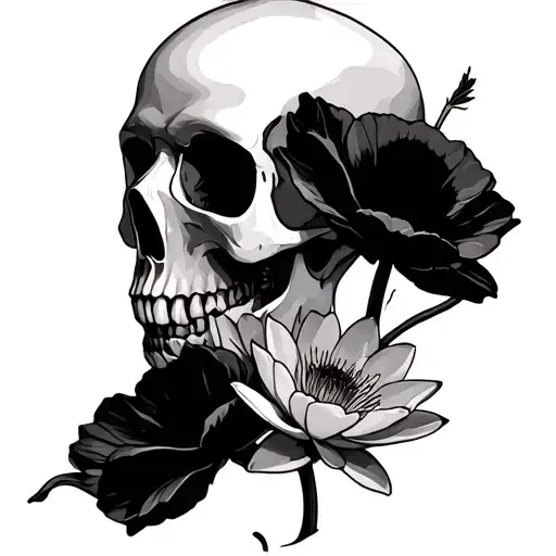 Skull With Water Lilly And Poppy Flower