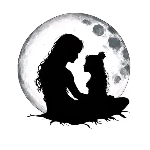 Family Portrait Of Mother And Daughter Sitting And Looking At The Moon