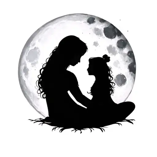 Family Portrait Of Mother And Daughter Sitting And Looking At The Moon