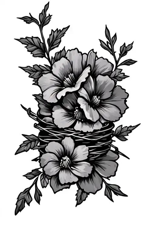 Western Style Tattoo Featuring Flowers And Barb Wire Wrapped