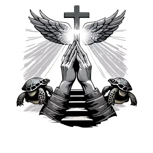 Prayer Hands In Front Of A Cross With Stairs To Heaven Behind With Light Shining And Turtles