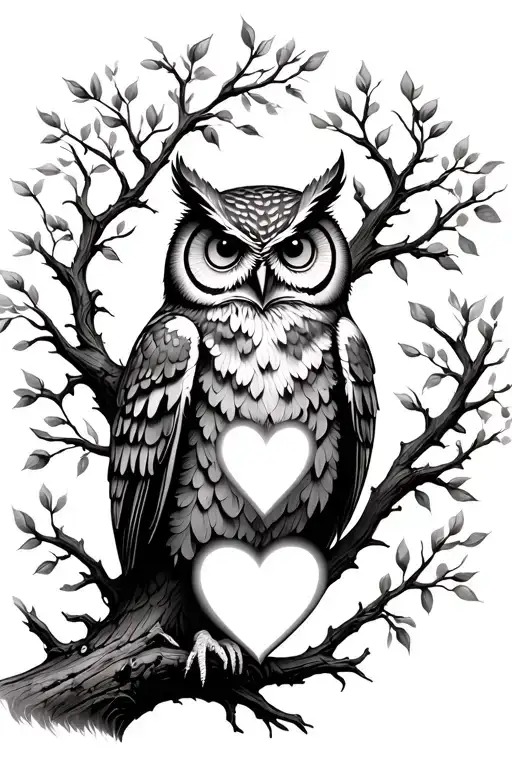 Tree With Owl On Branch And Heart Carved In The Center