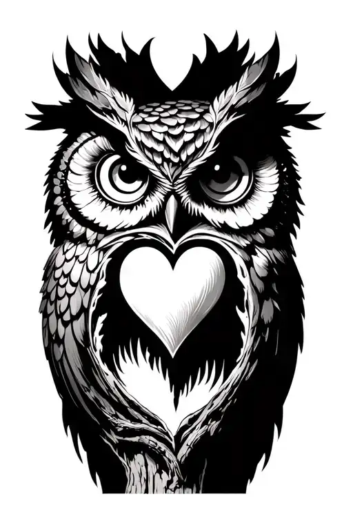 Tree With Owl On Branch And Heart Carved In The Center