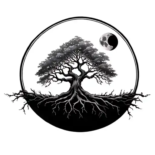 Tree Of Life With Roots With Moon Shining