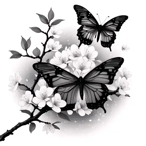 Cherry Blossom Tree With Pedals Butterflys