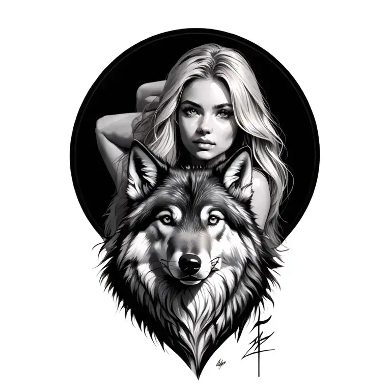 Blonde Woman Her With Wolf Companion