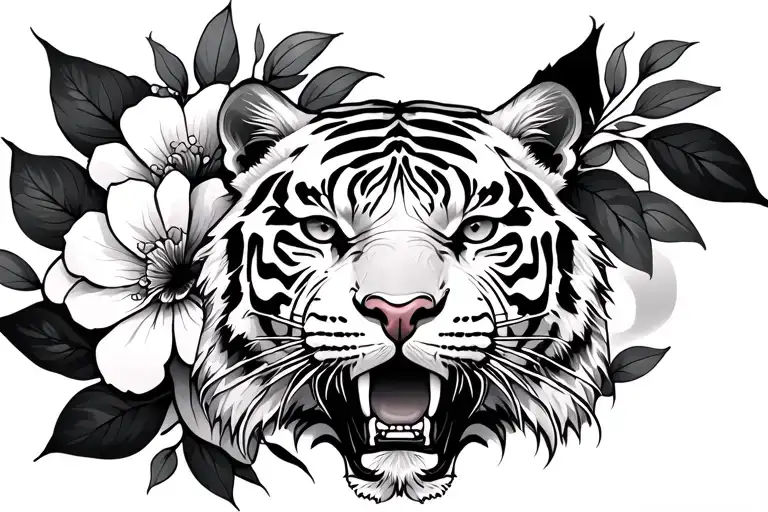 Traditional Tiger With Dlowers Japanese Style