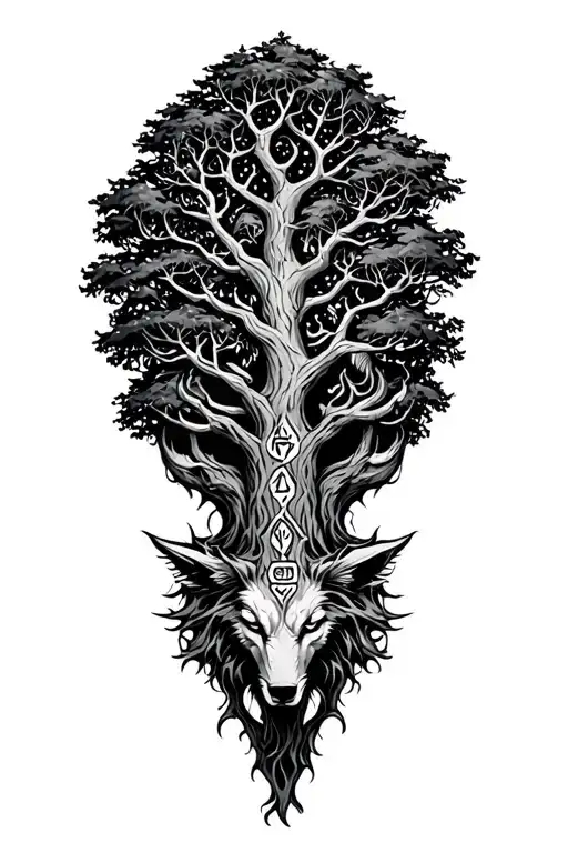 Yggdrasil Tree With Fenrir And Nordic Runes