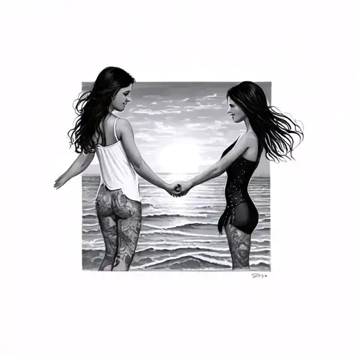 Girls Linking Hands On Beach Sunset