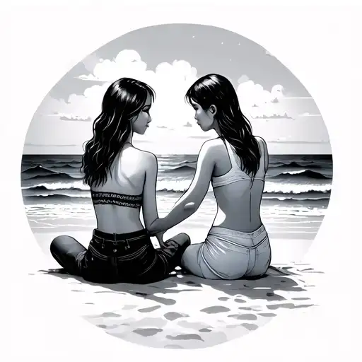 Simplistic Girls Linking Hands Sitting On Beach Landscape