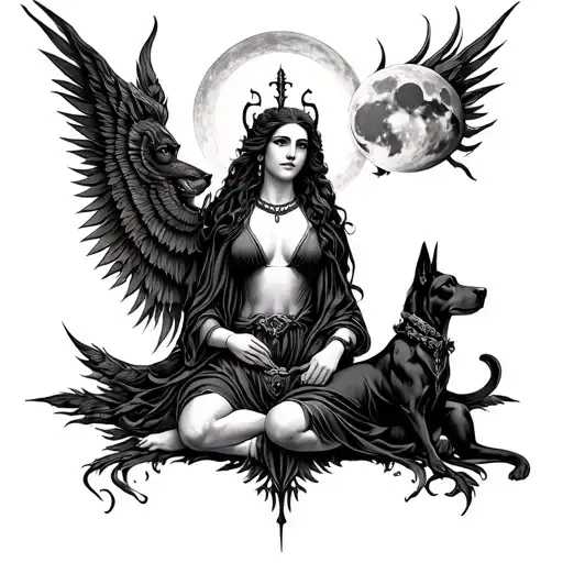 Hecate Goddess With Moon And Dog And Strapholos