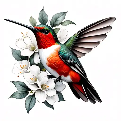 Red Hummingbird On Honeysuckle Bouquet