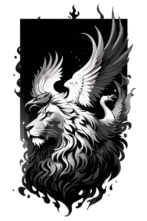 Lion And Phoenix Rising From The Ashes