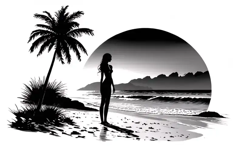 Silhouette Of A Lady Standing At A Beach Scene