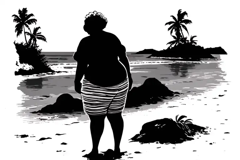 Silhouette Of An Older Chubby Lady Standing At A Beach Scene