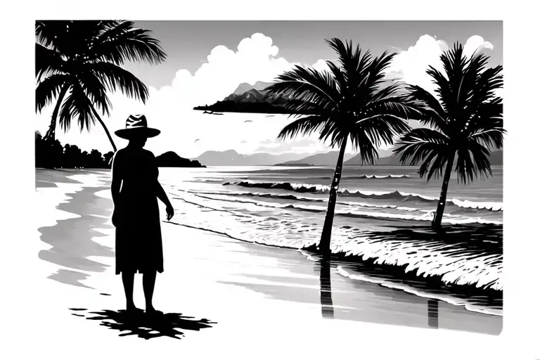 Silhouette Of An Older Lady Standing At A Beach Scene