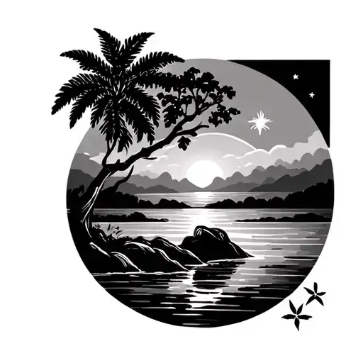 Pom Tree With Sunset And Water With Philippines Star